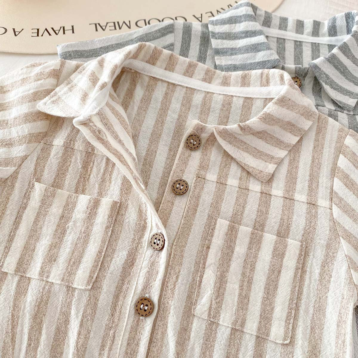 Summer Design Short Sleeves Striped Turn-Down Collar Single Breasted Rompers