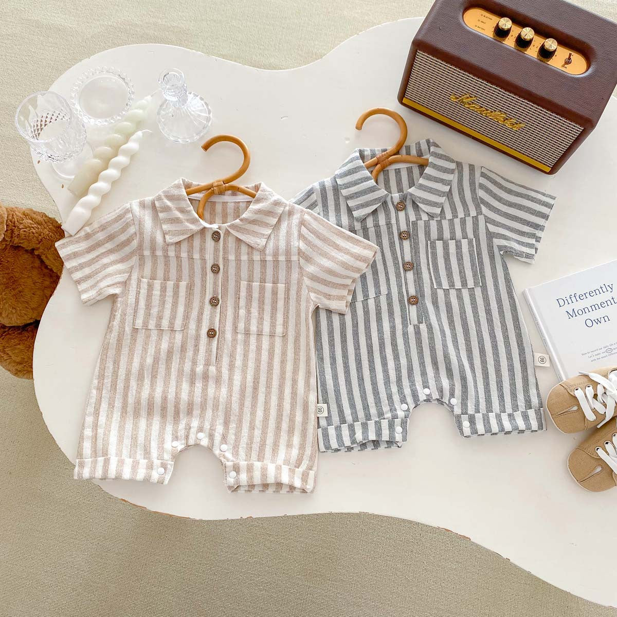 Summer Design Short Sleeves Striped Turn-Down Collar Single Breasted Rompers