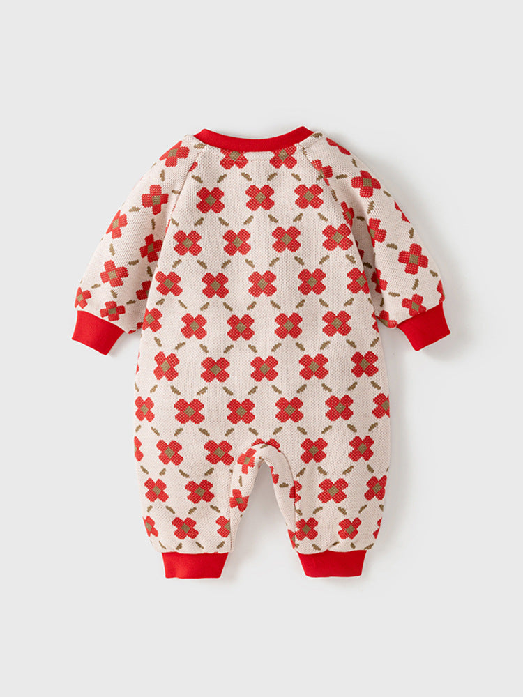 Spring Baby Girl Red Floral Knitted Home Clothes Crew Neck Romper