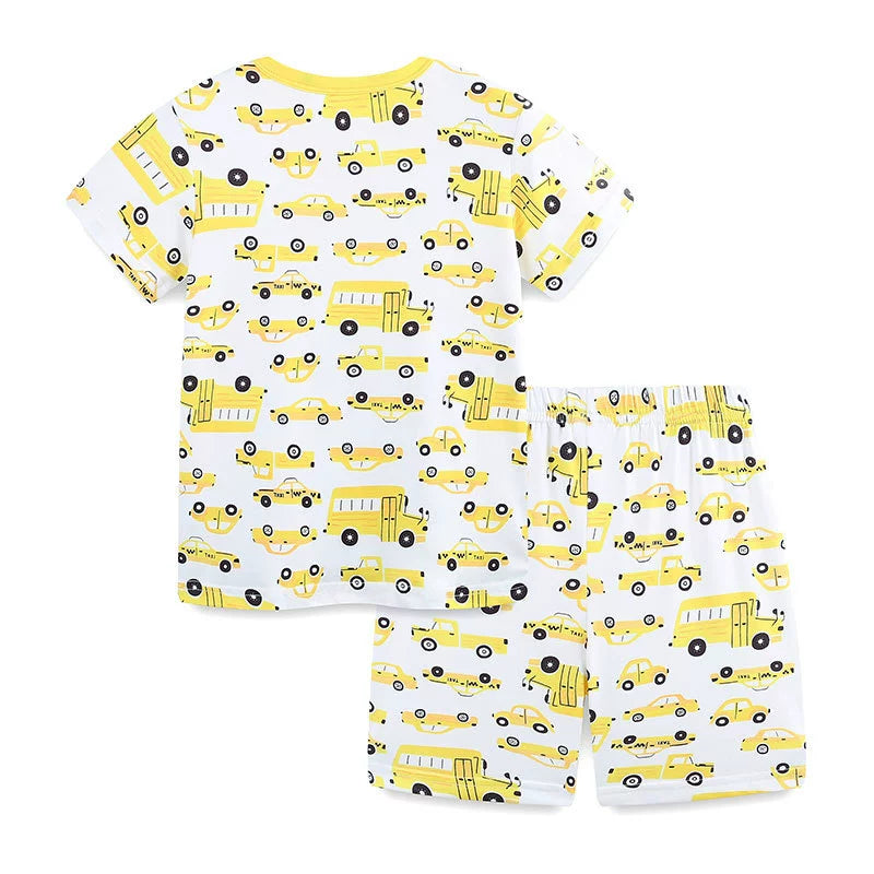 Summer Baby Kids Cartoon School Bus and Taxi Pattern T-shirt and Shorts Clothing Set for Boys