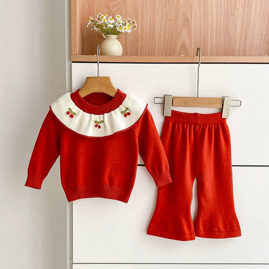 Arrival Autumn Baby Girls Long Sleeves Color Patchwork Cherry Embroidered Pattern Knitted Top Sweater and Long Trousers Clothing Set