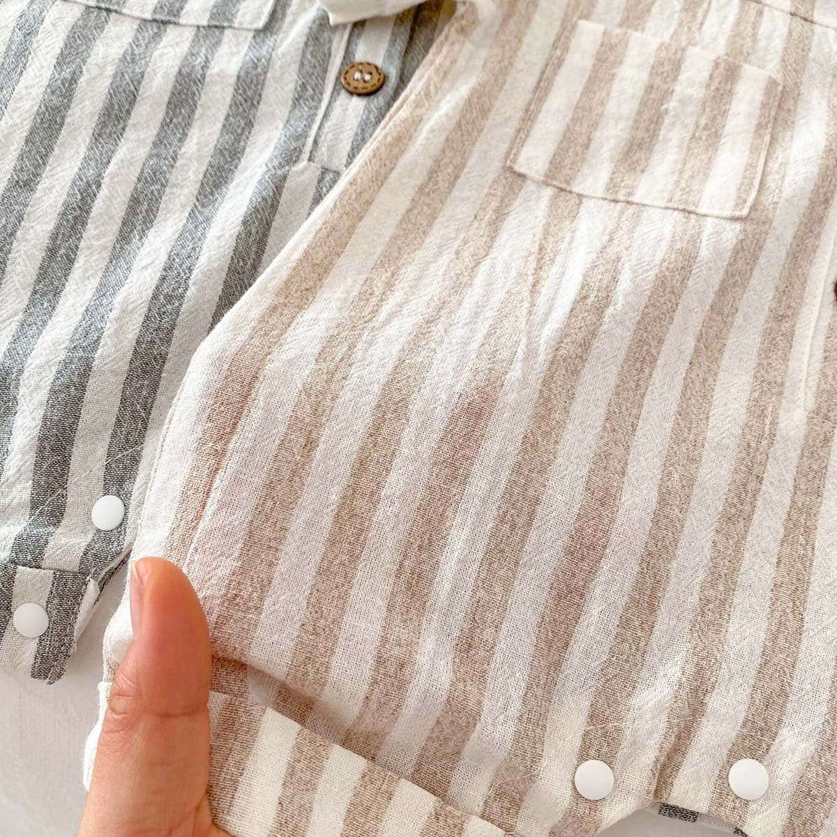 Summer Design Short Sleeves Striped Turn-Down Collar Single Breasted Rompers