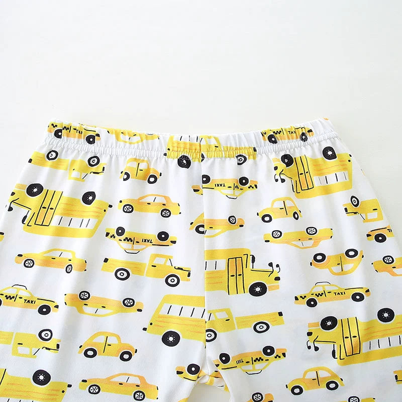 Summer Baby Kids Cartoon School Bus and Taxi Pattern T-shirt and Shorts Clothing Set for Boys