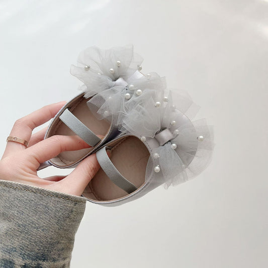 Spring and Summer Baby Girl Fashion Beaded Tulle Patchwork Toddler Soft-Sole Anti-slip Walking Shoes