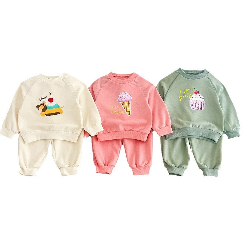Spring and Autumn Kids Unisex Cute Cartoon Pattern Long Sleeves Top Pullover and Pants clothing Set