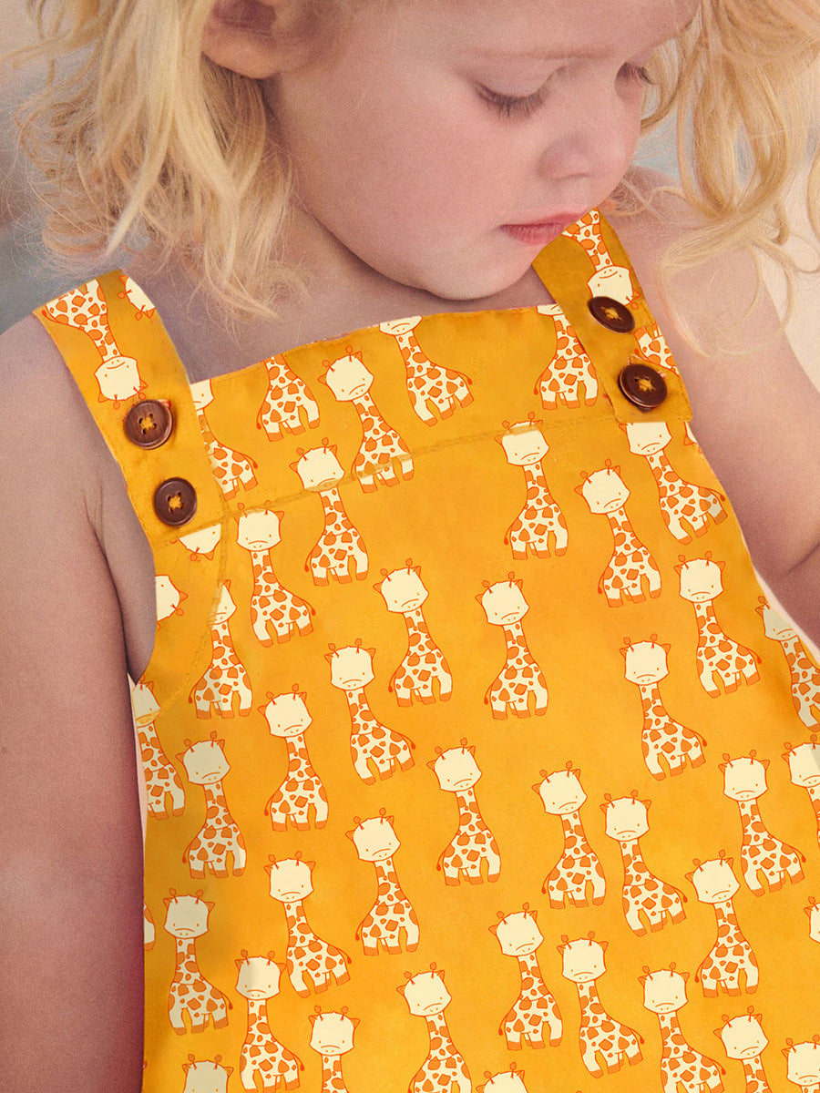New Design Summer Girls Sleeveless Giraffe Print Yellow Strap Dress