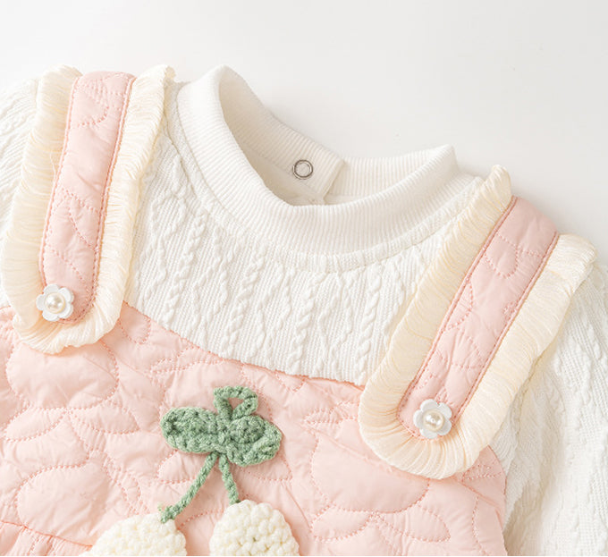 Winter Baby Thick Home Clothes Pink-White Patchwork Romper With Hat