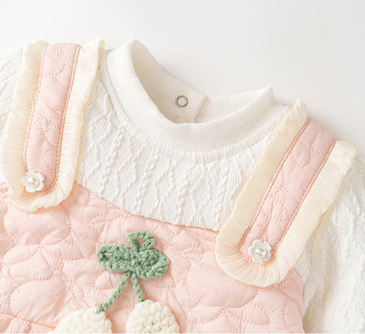 Winter Baby Thick Home Clothes Pink-White Patchwork Romper With Hat