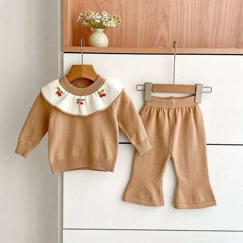 Arrival Autumn Baby Girls Long Sleeves Color Patchwork Cherry Embroidered Pattern Knitted Top Sweater and Long Trousers Clothing Set