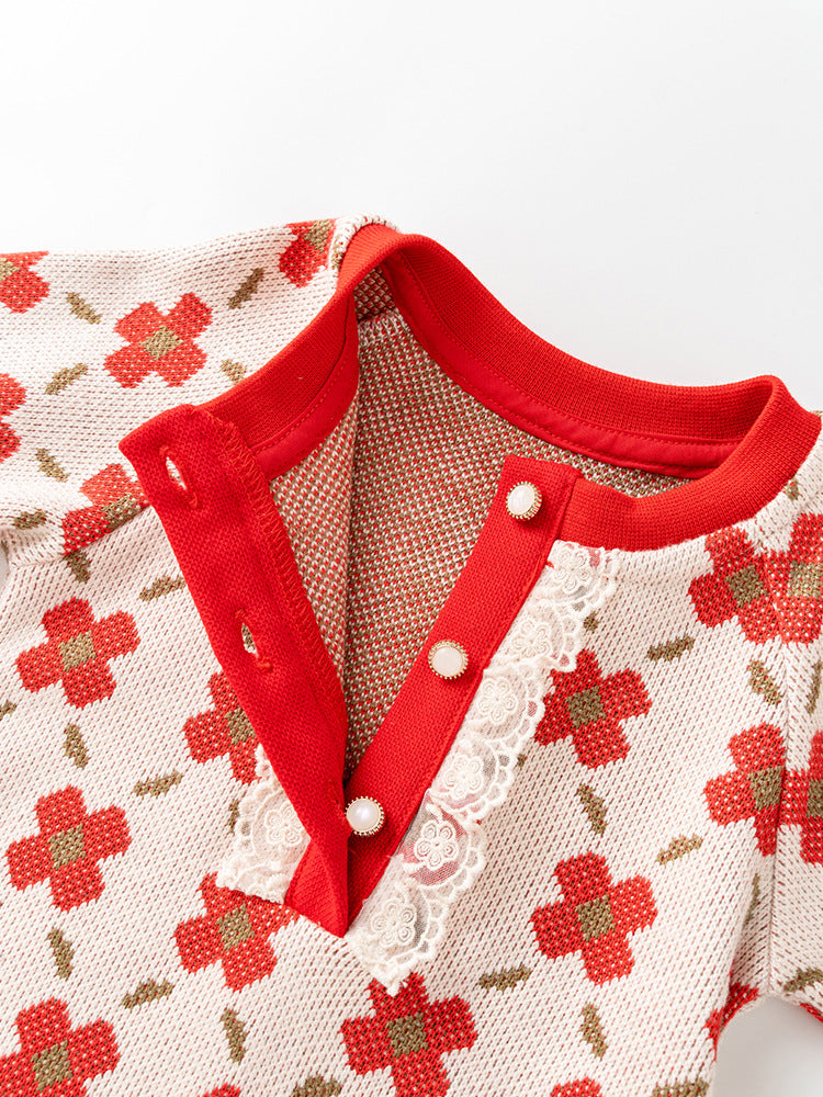 Spring Baby Girl Red Floral Knitted Home Clothes Crew Neck Romper