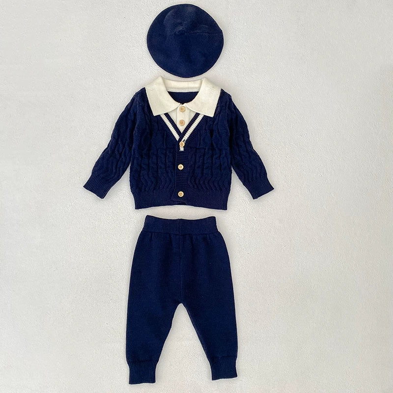 Arrival Autumn Baby Unisex Long Sleeves Geometric Pattern Knitted Top Cardigan and Long Trousers Clothing Set