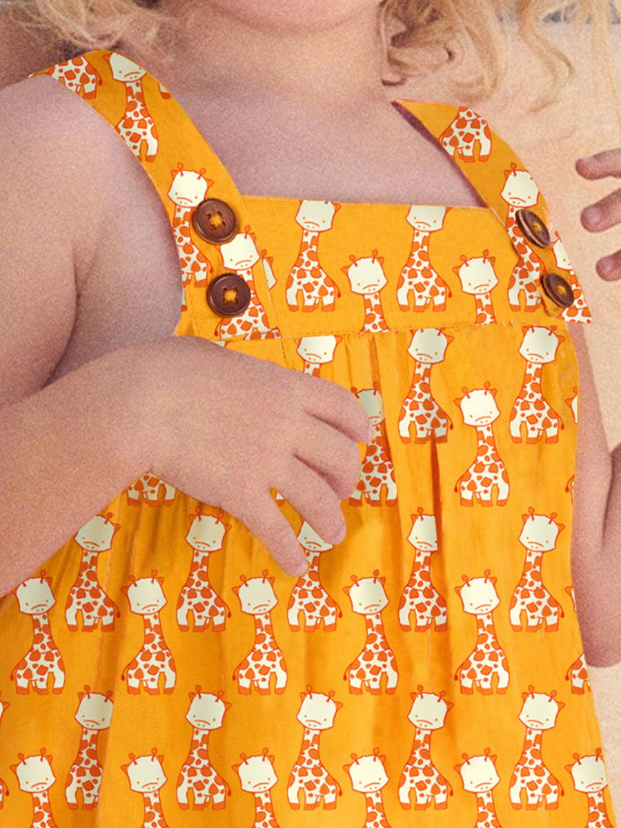 New Design Summer Girls Sleeveless Giraffe Print Yellow Strap Dress