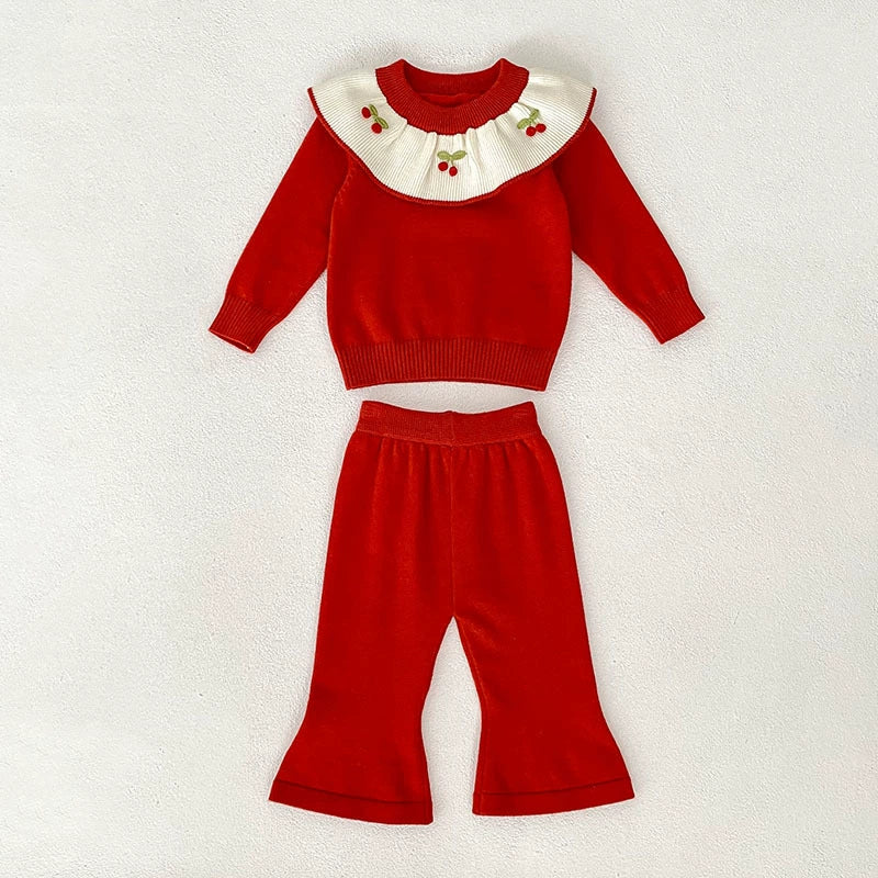 Arrival Autumn Baby Girls Long Sleeves Color Patchwork Cherry Embroidered Pattern Knitted Top Sweater and Long Trousers Clothing Set