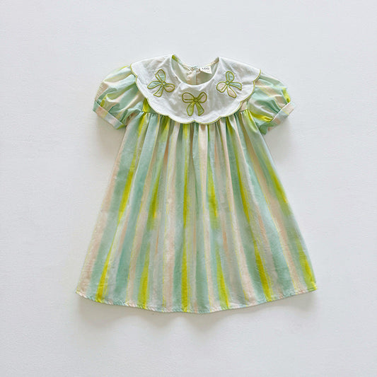 Summer Arrival Baby Kids Girls Short Sleeves Geometric Pattern Embroidered Striped Dress