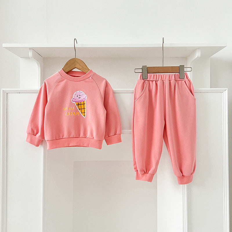 Spring and Autumn Kids Unisex Cute Cartoon Pattern Long Sleeves Top Pullover and Pants clothing Set