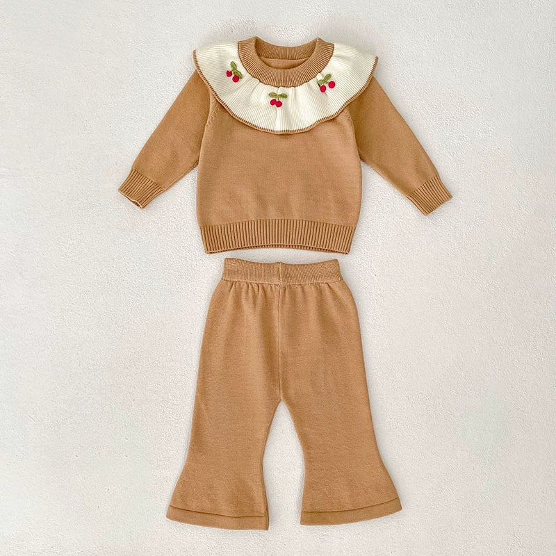 Arrival Autumn Baby Girls Long Sleeves Color Patchwork Cherry Embroidered Pattern Knitted Top Sweater and Long Trousers Clothing Set
