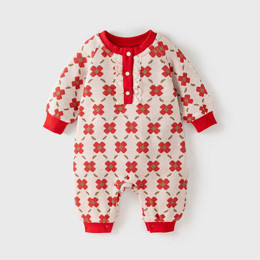 Spring Baby Girl Red Floral Knitted Home Clothes Crew Neck Romper