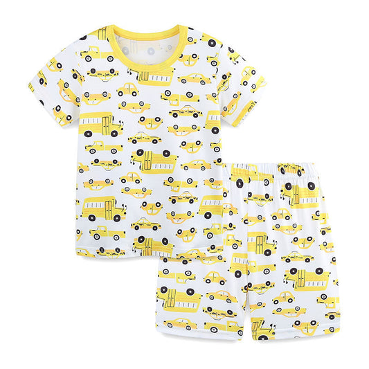 Summer Baby Kids Cartoon School Bus and Taxi Pattern T-shirt and Shorts Clothing Set for Boys