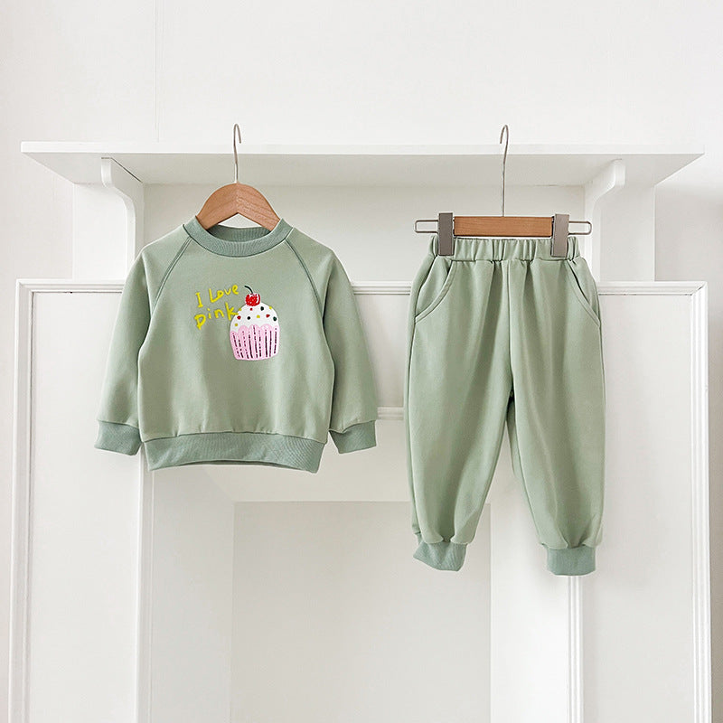 Spring and Autumn Kids Unisex Cute Cartoon Pattern Long Sleeves Top Pullover and Pants clothing Set