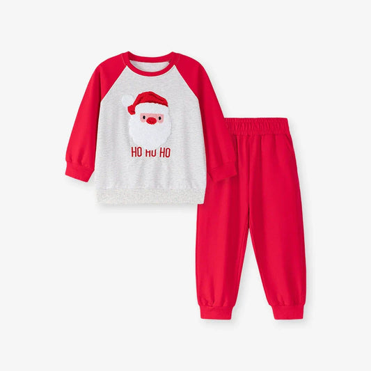 Spring and Autumn Boys Christmas Cartoon Pattern Long Sleeves Color Patchwork Sweatshirt and Pants Clothing Set