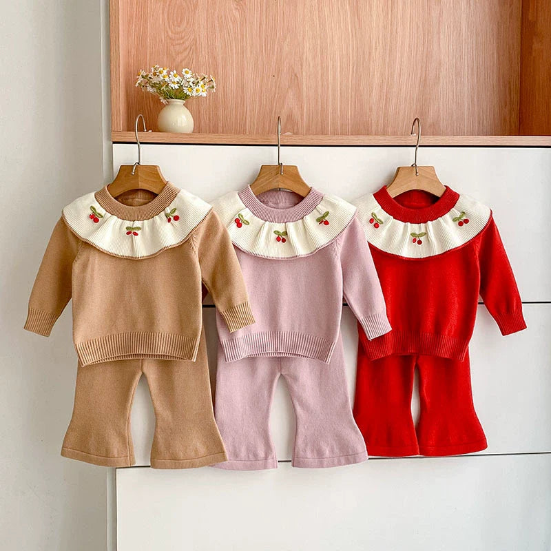 Arrival Autumn Baby Girls Long Sleeves Color Patchwork Cherry Embroidered Pattern Knitted Top Sweater and Long Trousers Clothing Set