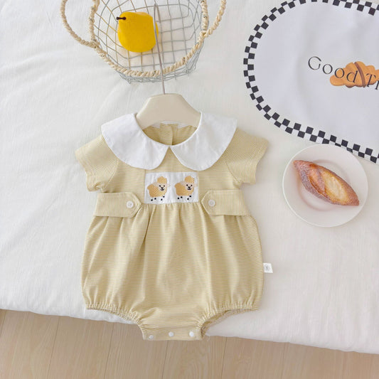 Summer Arrival Baby Girls Cute Short Sleeves Animals Embroidered Pattern Onesies with Peter Pan Collar