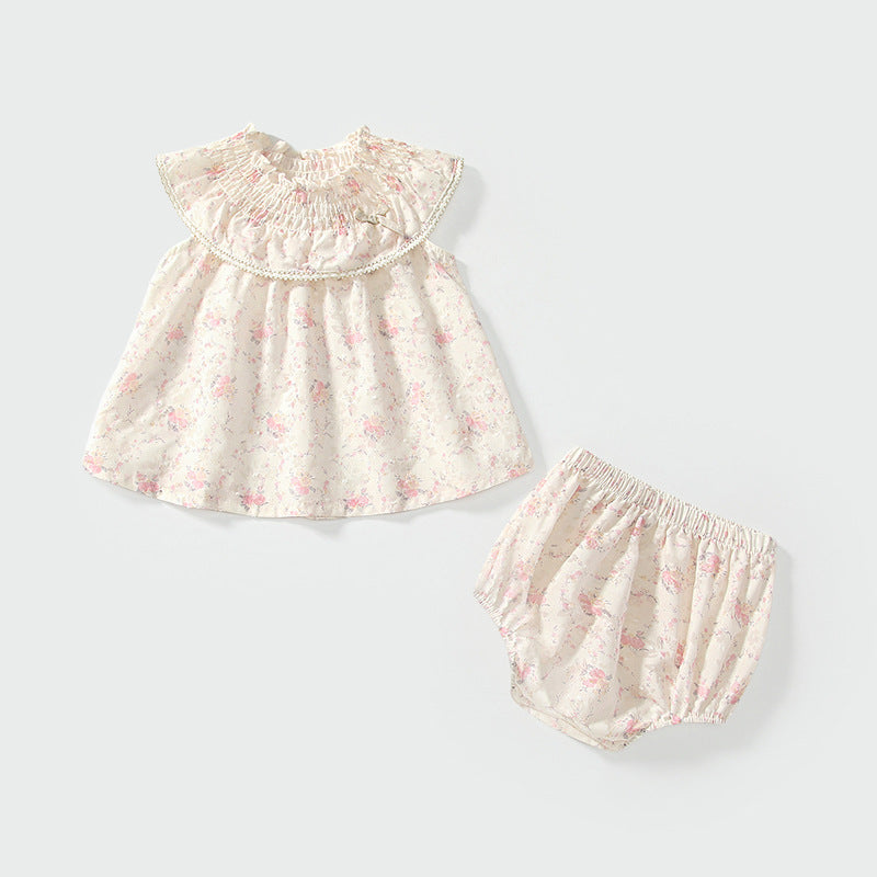 Summer Baby Kids Floral Pattern Sleeveless Top Dress and Bloomers Clothing Set for Girls
