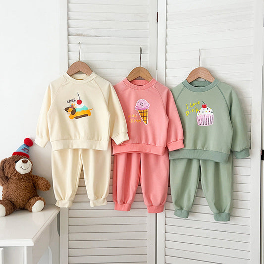 Spring and Autumn Kids Unisex Cute Cartoon Pattern Long Sleeves Top Pullover and Pants clothing Set