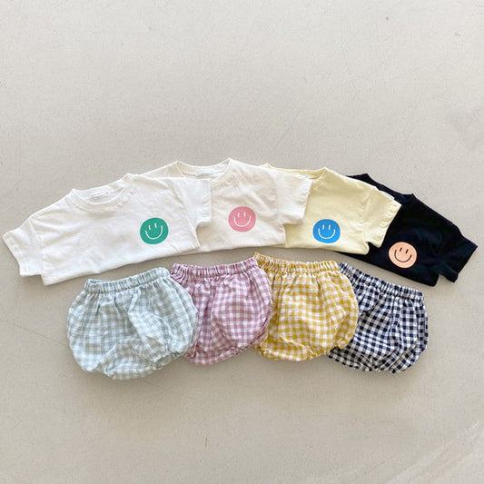 Summer Baby Kids Smiling Face Pattern T-shirt and Plaid Bloomers Clothing Set